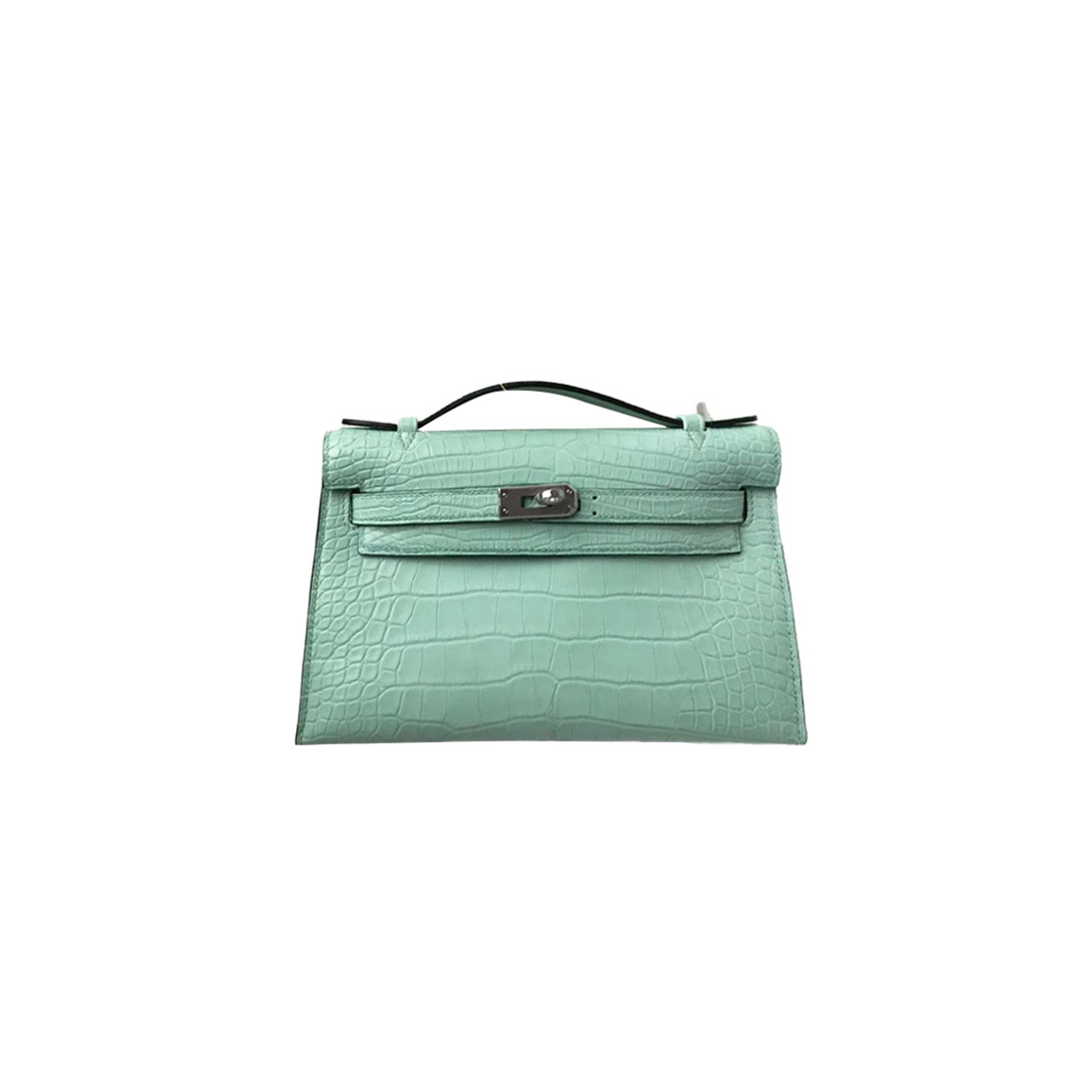 H**mes master mini kelly pochette matte crocodile mint green silver buckle (22*14*7cm)